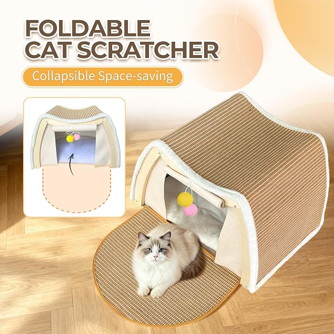 Cat Houses for Indoor Cats, Cat House with Natural Sisal Cat Scratcher Mat, Sturdy Solid Wood Frame Cat Houses & Condos, 4 Seasons Cat Bed Cave with Curtains, Sisal Scratching Pad & Mat
