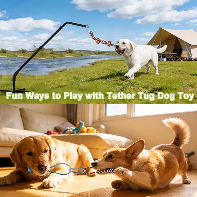 Tether Tug Outdoor Dog Toy,Tether Tug,Tether Dog Toy Rack with 3 Tug Rope Toys Adjustable Spring Pole,Interactive Pull Toy for Large Medium Small Dog Tether Tug of War Dog Chew Rope Toy