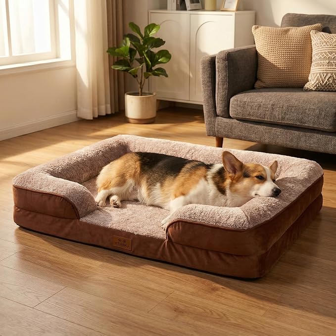 Orthopedic Dog Bed for Large Dogs - Gel Memory Foam Pet Bed with Waterproof & Washable Cover, Contoured Bolster Design for Dogs & Cats (Brown, 36.0" L x 27.0" W x 6.7" Th)