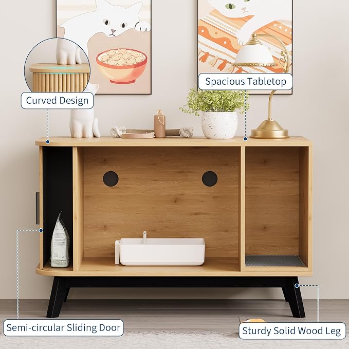 Garvee Cat Litter Box Enclosure, 39" Litter Box Enclosure Furniture Hidden Litter Box with Cat Litter Mat and Sliding Door, Modern Indoor Cat House, Side End Table for Living Room, Natural Wood Color