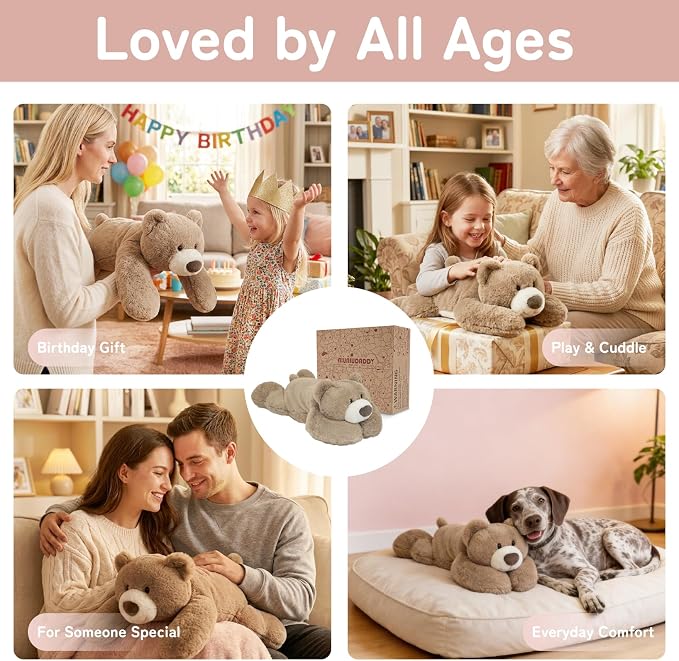 Niuniu Daddy 20" 3.3 lb Weighted Bear Stuffed Animal for Adults Kids, Giant Large Lying Teddy Bear Plush Toy, Soft Brown Bear Body Pillow for Sleeping, Gift for Christmas Birthday Holidays