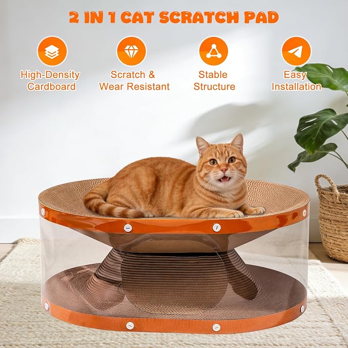 Homegroove Cat Scratcher Bed with Transparent Tunnel, 2-in-1 Cat Bed & Cardboard Scratcher for Indoor Cats, Multi-Level Cat Furniture with Curved Lounger and Play Tunnel (Wood, Regular)