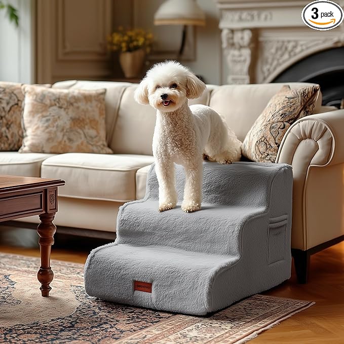PETNOVO Ultra-Soft Faux Fur Dog Stairs for Bed and Couch, 3-Step Dog Steps for Small Dogs, Non-Slip Foam Pet Stairs, Washable Cover, 15.7" D x 22.4" W x 15.7" H, Gray