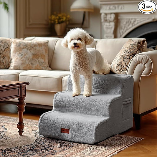 PETNOVO Ultra-Soft Faux Fur Dog Stairs for Bed and Couch, 3-Step Dog Steps for Small Dogs, Non-Slip Foam Pet Stairs, Washable Cover, 15.7" D x 22.4" W x 15.7" H, Gray