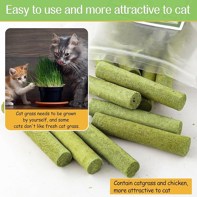 100g Cat Grass Teething Stick, Freezed Drying Cat Grass Sticks Snacks for Cats, Edible Cats Treats for Teeth Cleaning and Hairball Removal