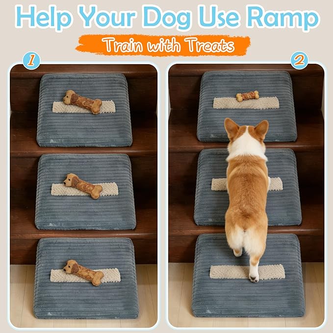 Foam Dog Ramp for Stairs, Low-Impact Climbing Dog Stairs for Senior Dogs | 5.1"H, 6 Pack, 40D High-Density Foam Won't Collapse, Protects Joints, Anti-Slip & Self-Sticky Pads, Washable Cover, Grey