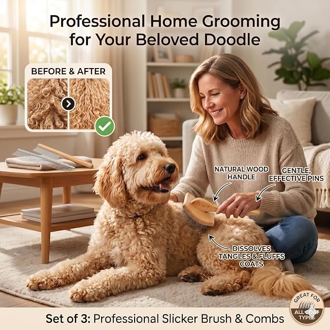 Slicker Brush for Dogs, Large Dog Grooming Brush for Doodles Goldendoodles Poodles Labradoodle Bernedoodles, Long Combs to Wavy & Curly Hair - Wooden Handle 3 Pcs - Nature