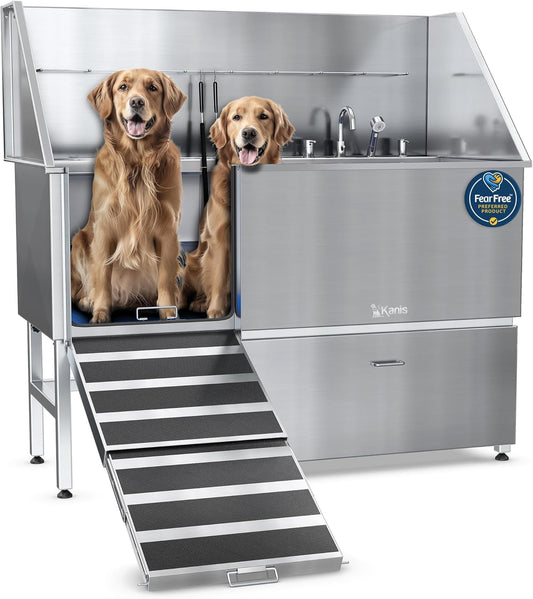 KANIS Professional Dog Washing Station - 304 Stainless Steel Pet Wash Sink & Grooming Bath Tub for Home with Ramp, Shower, Floor Grate, Storage Drawer, Faucet, Drain Kit for Large, Medium & Small Pets