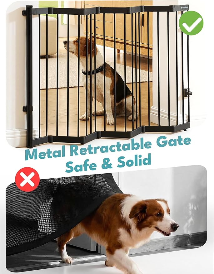 No Pawblems Retractable Safty Gate, Metal Adjustable Dog Gate for Doorways, Stairs & Hallways, Expands to 38" Wide, Auto Retract Design, No Bottom Bar, Black