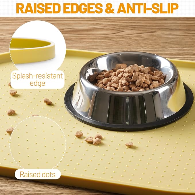 Hubulk 100% Waterproof Silicone Pet Feeding Mat with Raised Edge for Food and Water, Dog Bowl Mats, Cat Bowls Placemat with High Lip Protects Floor for Cats and Dogs (Yellow, 32" L x 24" W)