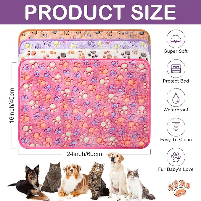 Panelee 4 Pcs Washable Dog Blankets Waterproof Cute Paw Print Fleece Blanket Reusable Puppy Blankets for Small Medium Pet Cat Whelping Warm Soft Mat Guinea Pig Cage Liners(24 x 16 Inch)