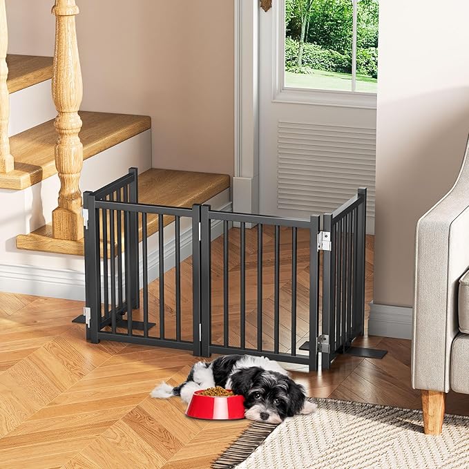Snughome Short Dog Gate Indoor, 16" High Freestanding Small Dog Door Gate with Support Feet, Expands Up to 48’’ Wide Foldable Pet Gates for Doorway, 4 Panel Folding Pet Door Pet Fence for Puppy, Black