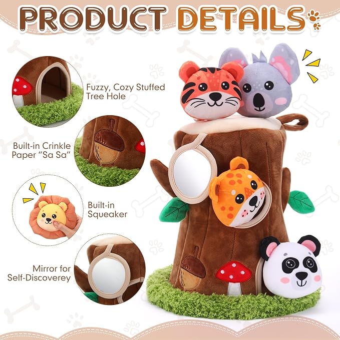 13 Pcs Hide and Seek Dog Toys Activity Puppy Chew Squeaky Animal Plush Woodland Toys with Crinkle Treehouse Interactive Pet Stuffed Gift with Squeakers for Small Medium Pets Dogs Puppy