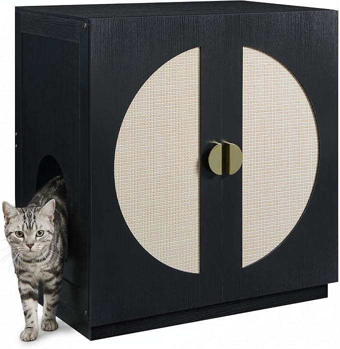 unipaws Tall Cat Litter Box Enclosure with Shelves, Hidden Litter Box Cover for Tall or Top Entry Litter Box, Kitty Enclosed Litter Box Cabinet, Cat Box Furniture, Black