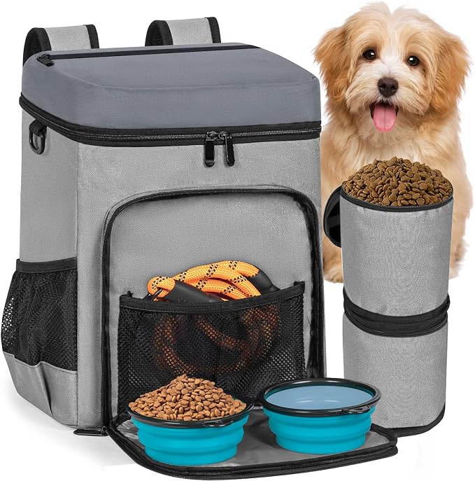 ANILD Dog Travel Bag Backpack, Flight-Ready TSA-Approved Dog Travel Bag with 2 Leak-Proof Food Canisters, 2 Foldable Silicone Bowls, Multi-Compartment Organizer for Hiking, Camping, Dog Mom Essentials