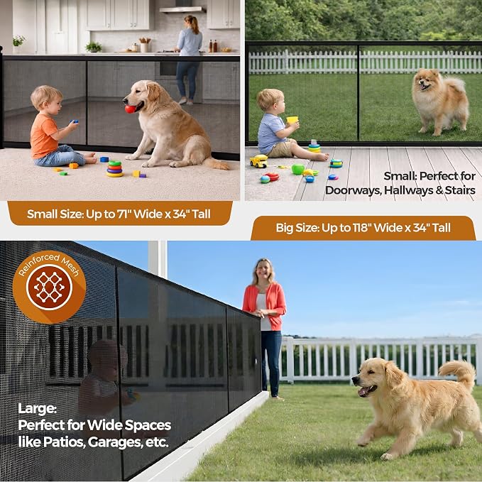 Retractable Baby Gate - 72" Wide Mesh Dog Gate with Support Rods - 34" Tall for Stairs, Doorways, Hallways - Drill or No-Drill - Pet & Cat Gate - Outdoor/Indoor (Black, 5.91 Feet)