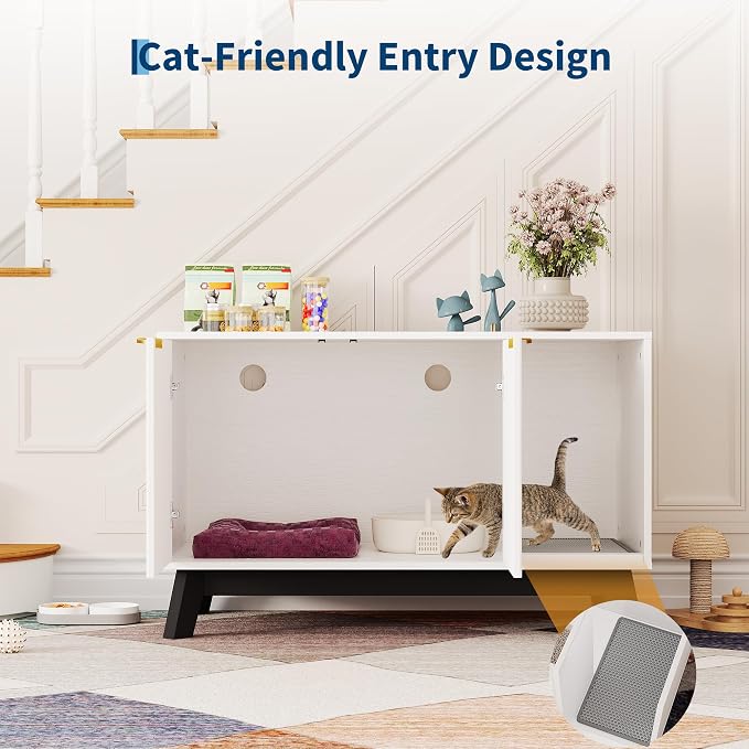 Garvee Cat Litter Box Enclosure, 39" Litter Box Enclosure Furniture Hidden Litter Box with Cat Litter Mat and Ventilated Holes, Modern Indoor Cat House, Side End Table for Living Room, White
