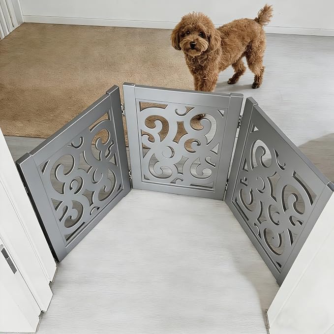 Ashfield & Harkness: 3-Panel Pet Gate - Scroll Grey - Wooden Foldable Freestanding Fence, Small Dogs & Puppy, 48 x 19.3, Indoor-Doorway-Halls-Stairs
