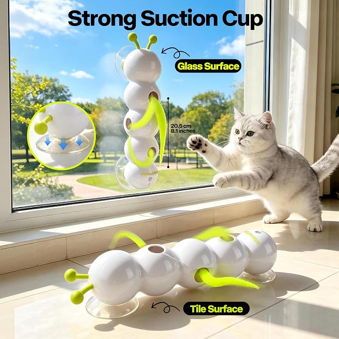 Upgraded Caterpillar Cat Feather Toy, Automatic Fluffy Tail Teaser with Motion Sensor, USB Rechargeable, Suction Cup for Stable Play, Perfect for Indoor Cats