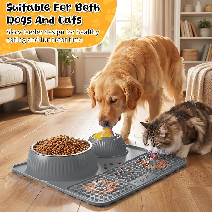 Dog Lick Bowl with Rolling Ball for Liquid and Thick Treat—3 in 1 Slow Feeder Dog Bowls+Lick Mat+50oz Stainless Steel Food Bowl,Anti-Slip 5/6 Cup Licking Toy for Medium Large Dogs and Cats Grey