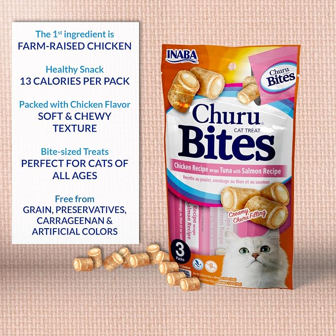 INABA Churu Bites for Cats, Soft/Chewy Baked Chicken Wrapped Churu Filled Cat Treats with Vitamin E, 0.35 Ounces per Tube, 24 Tubes Total (3 Tubes per Pack), Chicken Recipe