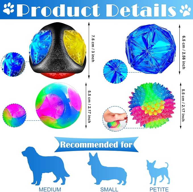 Sumind 4 Pieces Light up Squeaky Dog Balls LED Flashing Light up Ball for Aggressive Chewers Glow in the Dark Flashing Ball Pet Squeaky Toy Bounce Activated Toy for Medium Small Dogs Gift