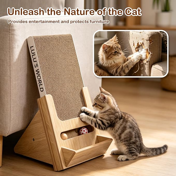 Lulu's World Cat Scratcher with Wooden Stand, Replaceable Scratching Cardboard with Ball Toy for Indoor Cats,Cat Scratch Pad Wall Mounted for Indoor