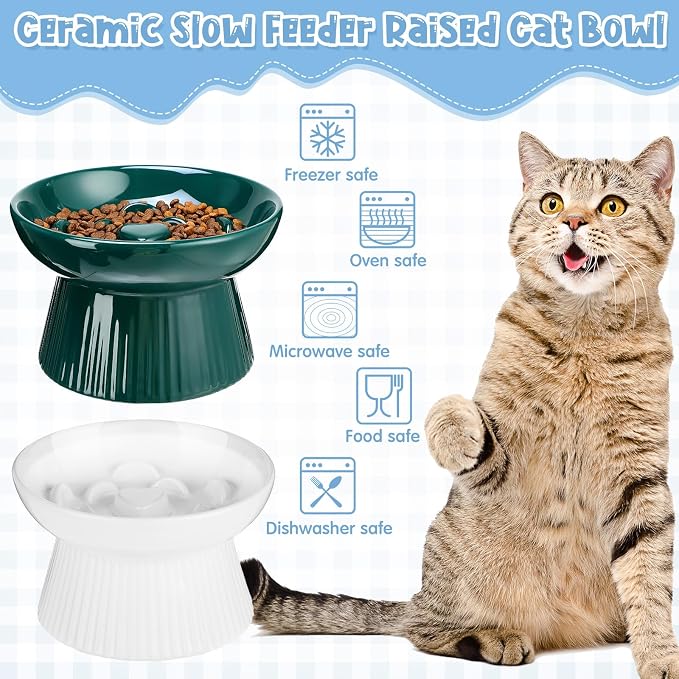 Tioncy 2 Pcs Raised Cat Slow Feeder Bowl Ceramic Elevated Cat Dog Food Bowl No Spill High Edge for Dry Wet Food and Water Easy to Clean, Dishwasher Safe (Dark Green,White)