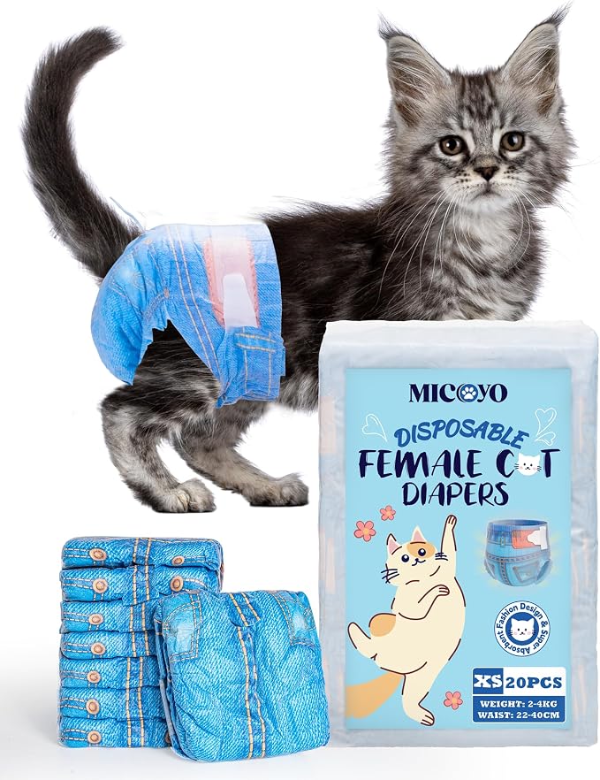MICOOYO Disposable Cat Diapers, Cat Diapers for Female Cats with Ultra Stretchy, Puppy Diaper Super Absorbent, Fit for Cats in Heat or Incontinence, 20 Count Extra Small Size