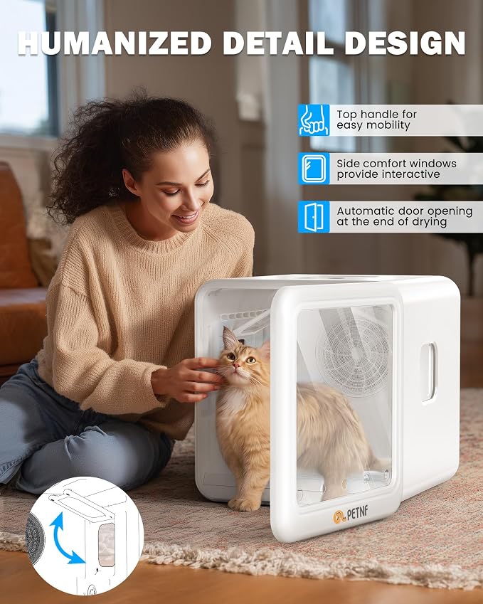 PETNF Pet Dryer Box for Cats and Small Dogs, 70L Automatic Drying Chamber with Quiet Operation, Adjustable Airflow & Temperature for Comfortable Home Grooming After Baths