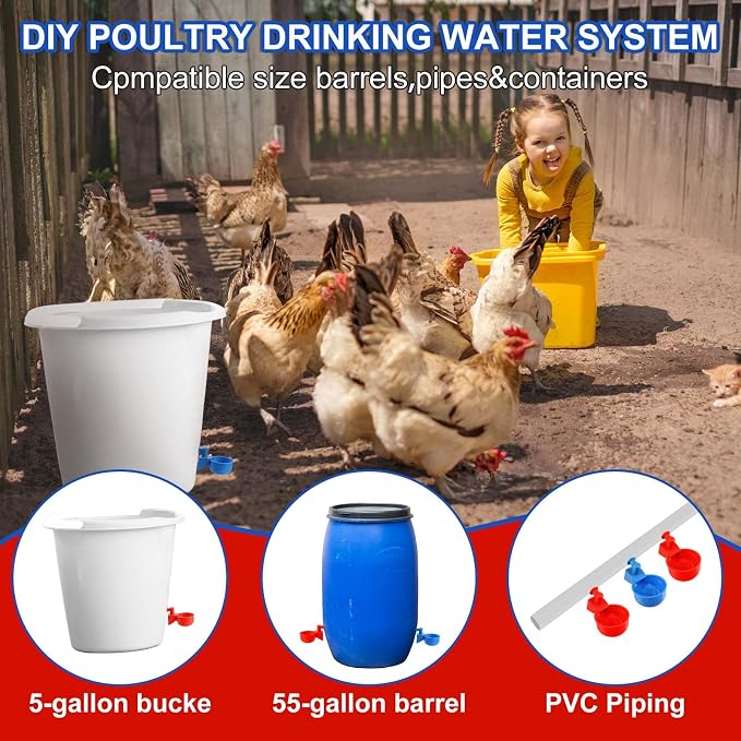 Tanlade 12 Pcs Automatic Chicken Waterer Cups Chicken Feeder for PVC Pipe Waterer Kit for Poultry Duck Goose Turkey Bunny (Red,Blue,Classic)