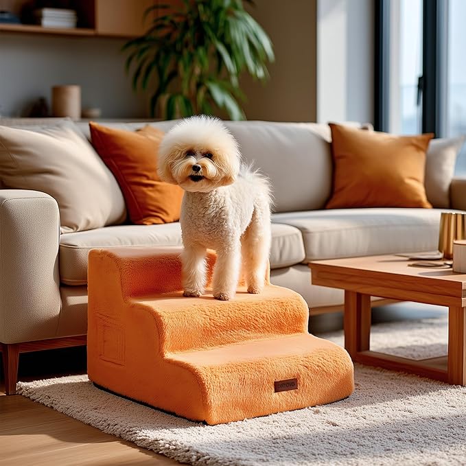 PETNOVO Ultra-Soft Faux Fur Dog Stairs for Bed and Couch, 3-Step Dog Steps for Small Dogs, Non-Slip Foam Pet Stairs, Washable Cover, 15.7" D x 22.4" W x 15.7" H, Orange