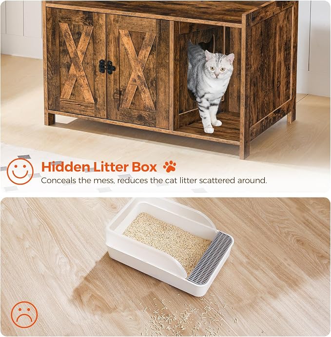 MAHANCRIS Cat Litter Box Enclosure, Hidden Litter Box Furniture with Divider, Indoor Cats House, Wooden Cat Washroom Storage Cabinet Bench, Side End Table Nightstand, Rustic Brown CWHR2501Z