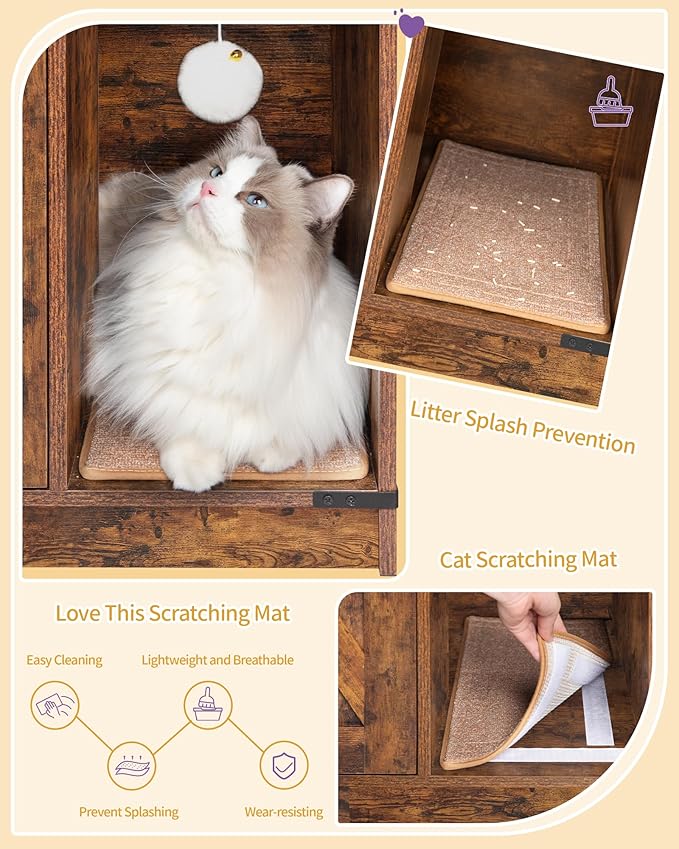 Hzuaneri Cat Litter Box Enclosure, Hidden Litter Box Cabinet Furniture with Bell, Indoor Cats House, Farmhouse Style, 31.5 x 19.7 x 20.9Inches, for Hallway, Bedroom, Rustic Brown and Black CB82401X