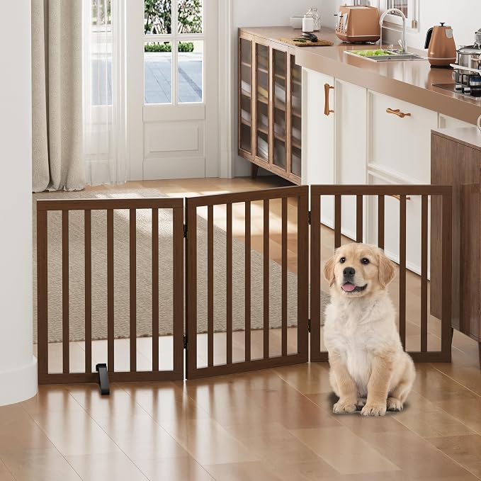 Dog Gate for Doorways, Freestanding Foldable Dog Gate Indoor, Pet Gates for Doorways Bedroom, Puppy Gate with Metal Support Feet, 3 Panels (Rustic tan)