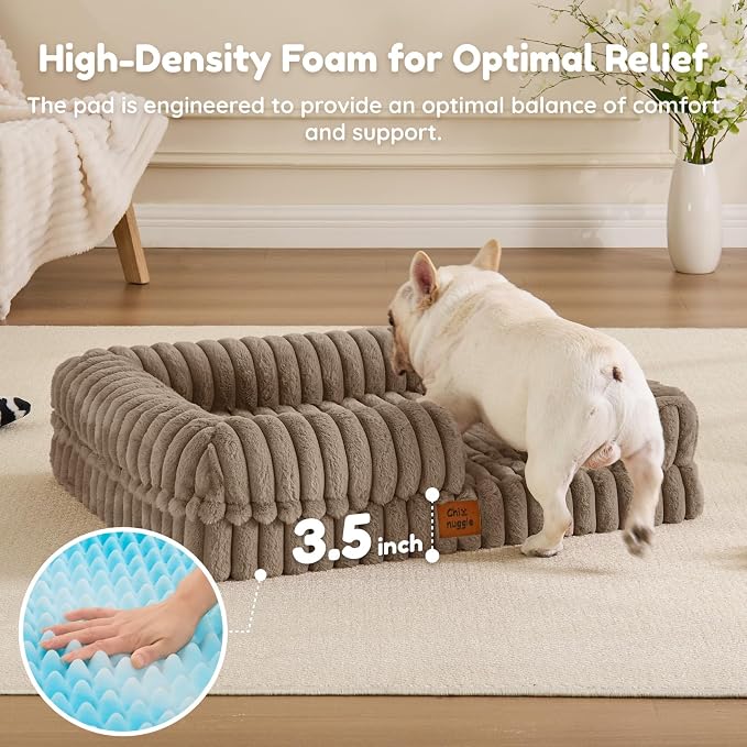 ChiXnuggle Rectangular Orthopedic Dog Bed for Medium Dogs, Waterproof Washable Faux Rabbit Fur Dog Couch with Egg Crate Foam Support, Bolster Pet Sofa with Non-Slip Bottom, 30x24x7, Taupe