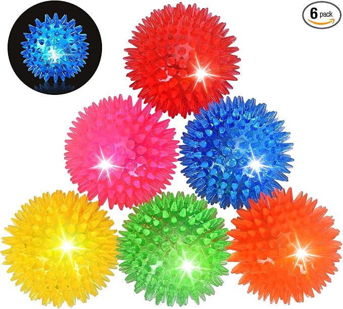 Novkin 6 Pack 2.5" LED Light Up Dog Balls, Squeaky Spiky Dog Toys for Aggressive Chewers, Durable Glow in The Dark Interactive Fetch Balls for Small Medium Large Dogs, Floating & BPA Free Non-Toxic
