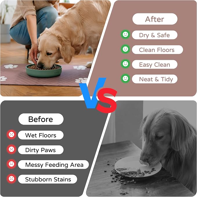 Pet Feeding Mat-Absorbent Dog Feeding Mat for Food and Water Bowl,No Stains Pet Placemat,Quick Drying Water Dispenser Mat for Dog and Cat,Easy to Clean Dog Accessories(S,Dark Brown White Paw)