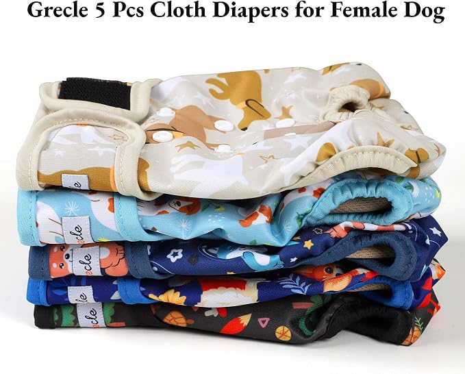 Washable Female Dog Diapers (5 Pack) - Doggie Reusable Small Medium Large Dog Diapers for Doggy Puppy Female in Period - Highly Absorbent Dog Heat Panties,S Plus,Cute Dog Pattern