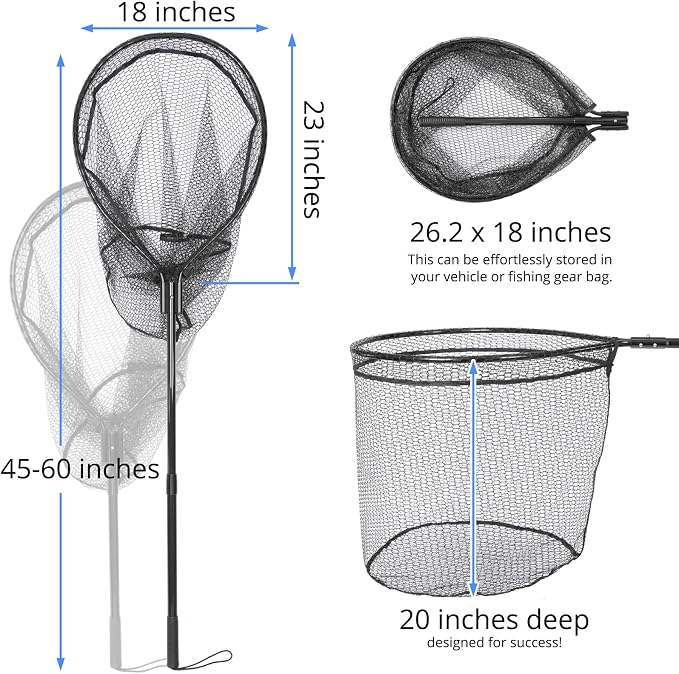 High Strength Large Landing Net - Rubber Fishing Net with Long Telescoping Handle & Soft Rubber Netting, Landing Nets for Fishing, Ideal for Boat, Pier, River Angling