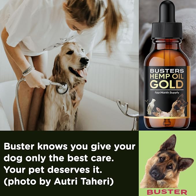 Buster's Gold Organic Hemp Oil for Dogs and Cats, 2 Large 60ml Bottles 4 Month Supply, Made in USA - Miracle Formula, Perfectly Balanced Omega 3, 6, 9 - Joint Relief, Calming (2-Pack)