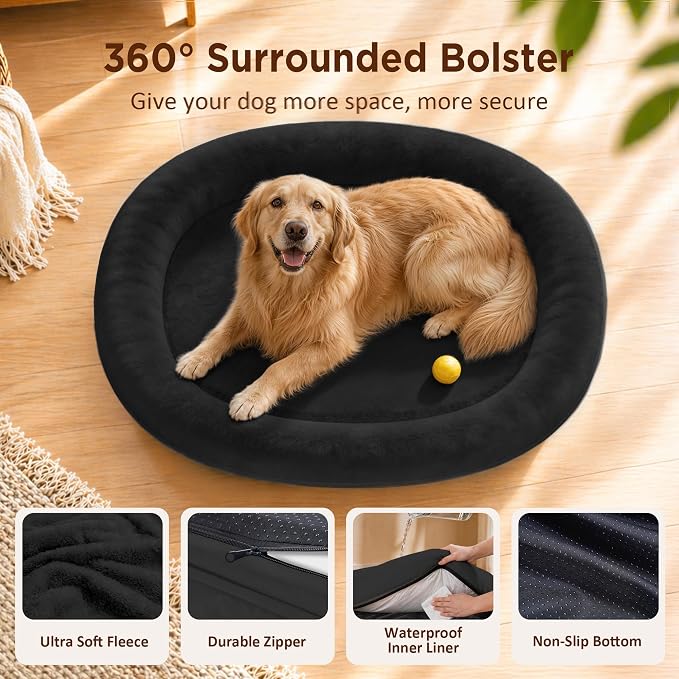 Orthopedic Dog Bed for Extra Large Dogs, XL Waterproof Dog Bed with Bolsters, Supportive Egg Crate Foam Pet Couch Bed with Removable Washable Cover & Non-Slip Bottom, Black