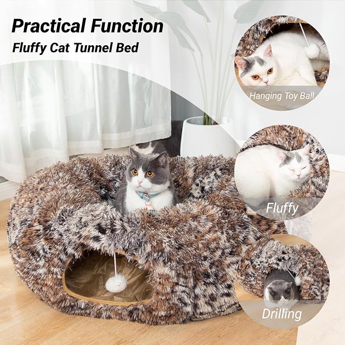Warm Fluffy Plush Cat Tunnel Bed with Washable Cushion- Big Tube Playground Toys 3 FT Diameter Collapsible, for Indoor Cat Kitty Kitten Puppy Rabbit Ferret Leopard Print