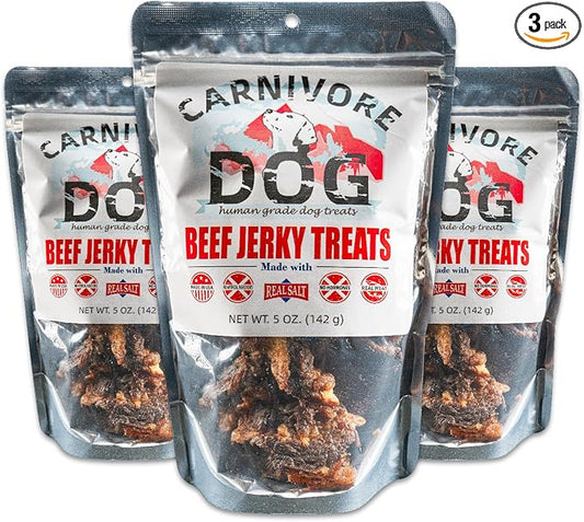 Carnivore Dog Treats, Human Grade, Grass-fed and Finished Beef Made with Redmond Real Salt, No Additives - Healthy, Chewy, Training Snacks for All Breeds, Grass-fed Beef Jerky, Pack of 3