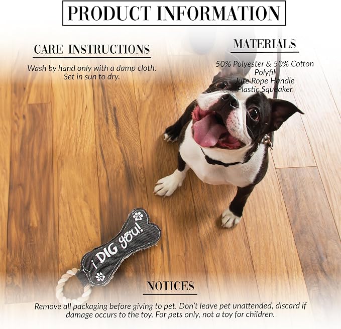 Pavilion Gift Company 45609 Pavilion's Pets-Gray Bone Canvas and Rope Dog Squeaky Toy-I Dig YouDog Toy, Large Breed