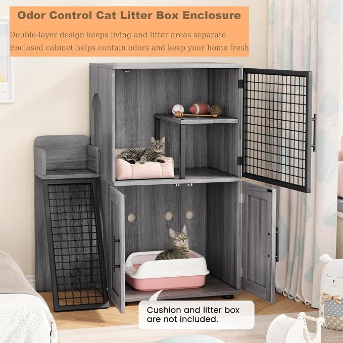Garvee Cat Litter Box Enclosure, 2-Tier Cat House with Ladder, Hidden Litter Box Cabinet with Storage, 33.5 x 17.9 x 41.9 Inches, Dog Proof Cat House for Hallway, Bedroom, Living Room