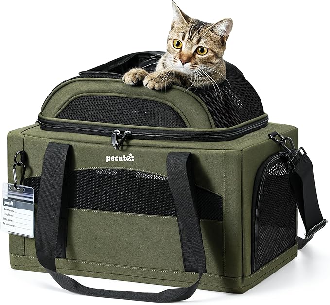 Pecute Expandable Pet Carrier Airline Approved Dog Cat Carrier, Breathable Soft-Sided with Locking Zippers, Pet Travel Bag for Small Dog Cat Anti-Scratch Mesh Leakproof Pee Pad