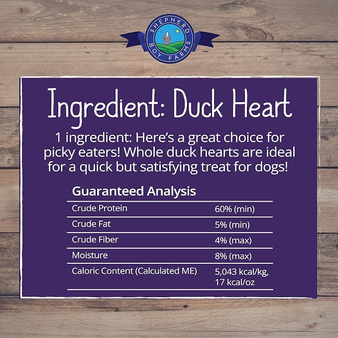 Shepherd Boy Farms Freeze Dried Dog and Cat Treats, Duck Heart, All Natural Single Ingredient Freeze-Dried Dog Treat & Snacks, Made in USA, High Protein, Essential Nutrition of Raw Food, 8oz