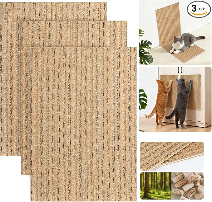 Natural Cork Cat Scratcher Boards for Wall & Floor - Natural Cork & Cardboard Blend, No Mess Splinters, Durable Easy Clean - Adjustable Height for All Cats, Furniture Protector【3-Pack】