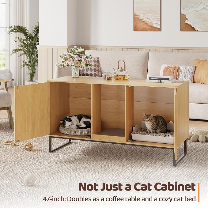 Kitty Litter Box Enclosure for 2 Cats, Small Hidden Cat Litter Box Furniture with Scratch Pad, Modern Fluted Double Litterbox Cabinet TV Stand for Kittens, Natural